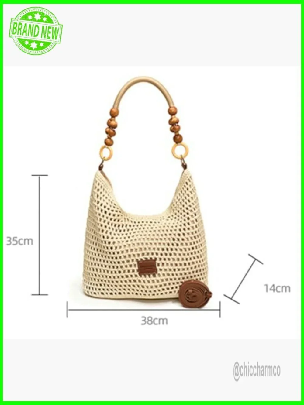 Crochet Cotton Hobo Shoulder Bag, Woven Mesh Beach Purse with Bead Accent